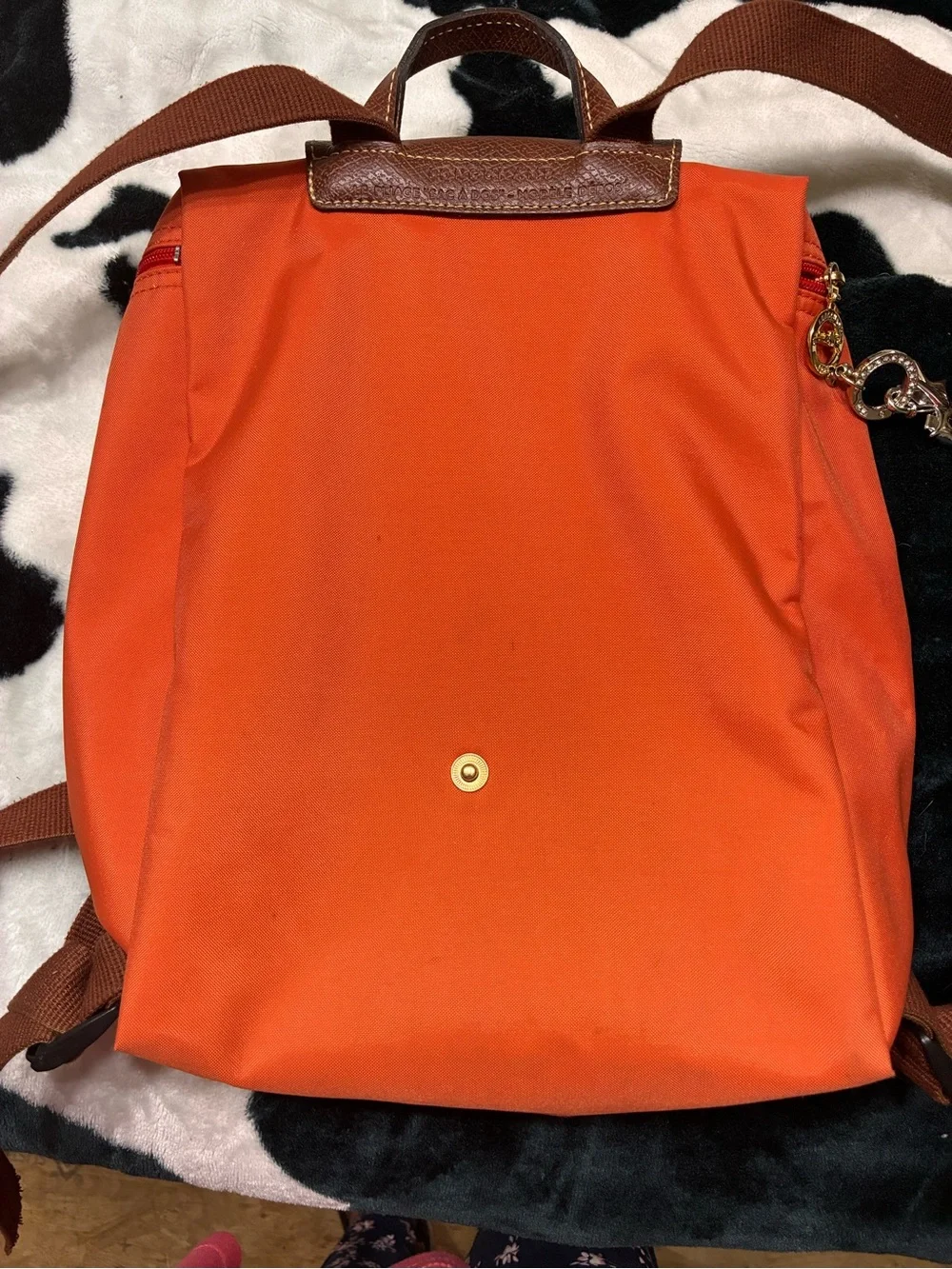 Longchamp Orange Nylon Backpack with Brown Trim